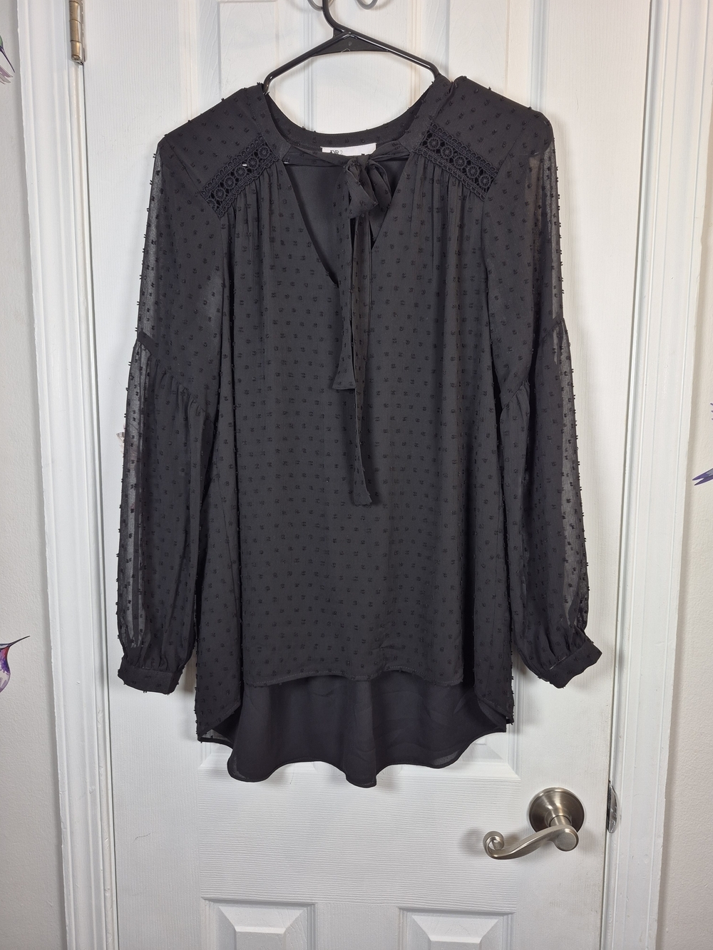 DR2 Whimsigoth Black Clip Dot Tie Neck Blouse Spring Boho Chic Small